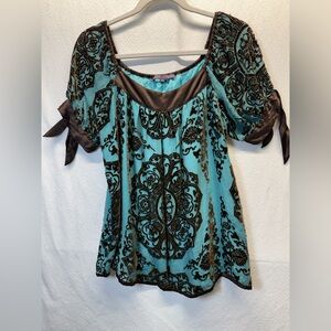 Earthy BOHO Hale Bob Teal & Brown Burnout Velvet Beaded Embroidered Silk Blouse